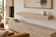 Gentry Stinson Rift White Oak Floating Shelf | 42″ × 8″ × 4″ | Standard Mount | Unfinished — unlit living-room rendering