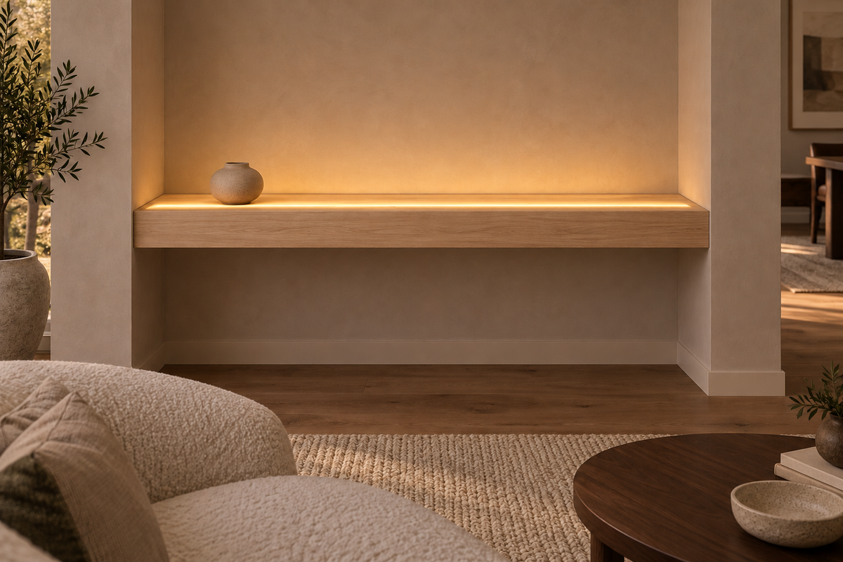 Gentry Stinson Rift White Oak Floating Shelf | 42″ × 8″ × 4″ | Wall to Wall | Unfinished | LED Light Ready — Top Front LED location, rendering with separately supplied LED tape installed