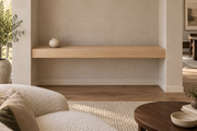 Gentry Stinson Rift White Oak Floating Shelf | 42″ × 8″ × 4″ | Wall to Wall | Unfinished — unlit living-room rendering