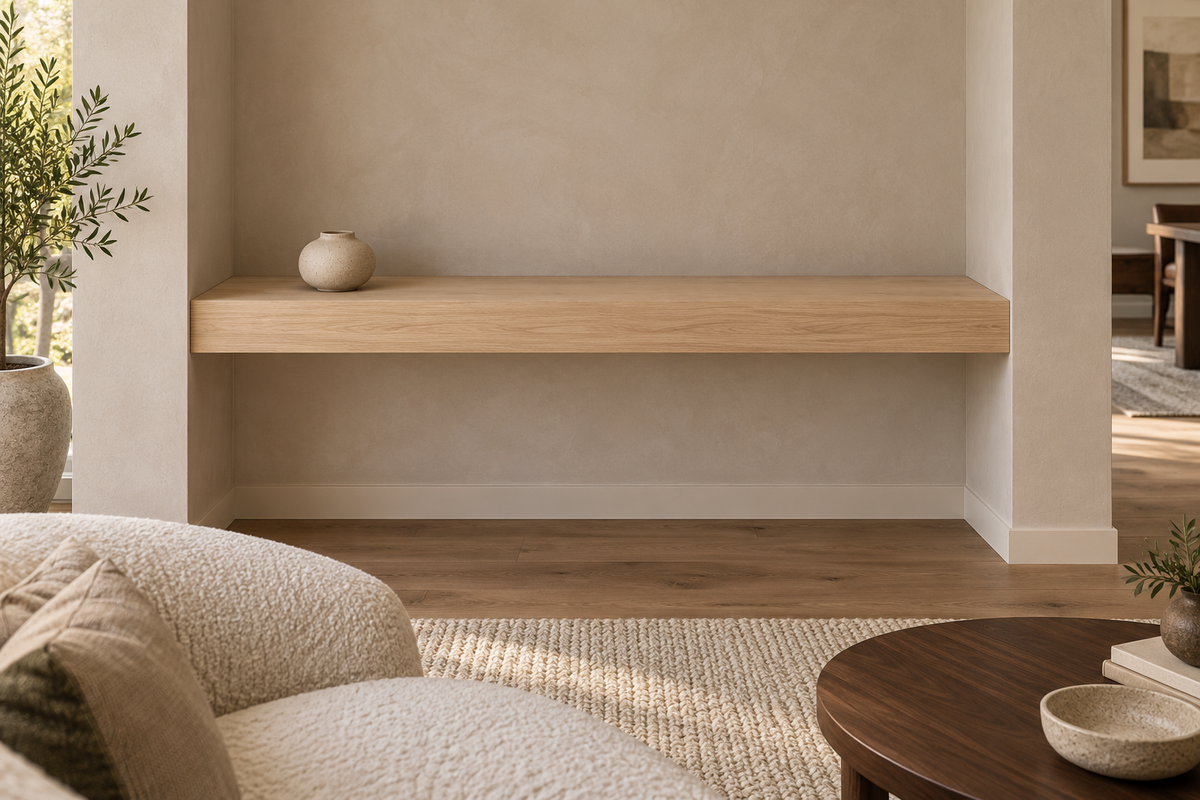 Gentry Stinson Rift White Oak Floating Shelf | 42″ × 8″ × 4″ | Wall to Wall | Unfinished — unlit living-room rendering