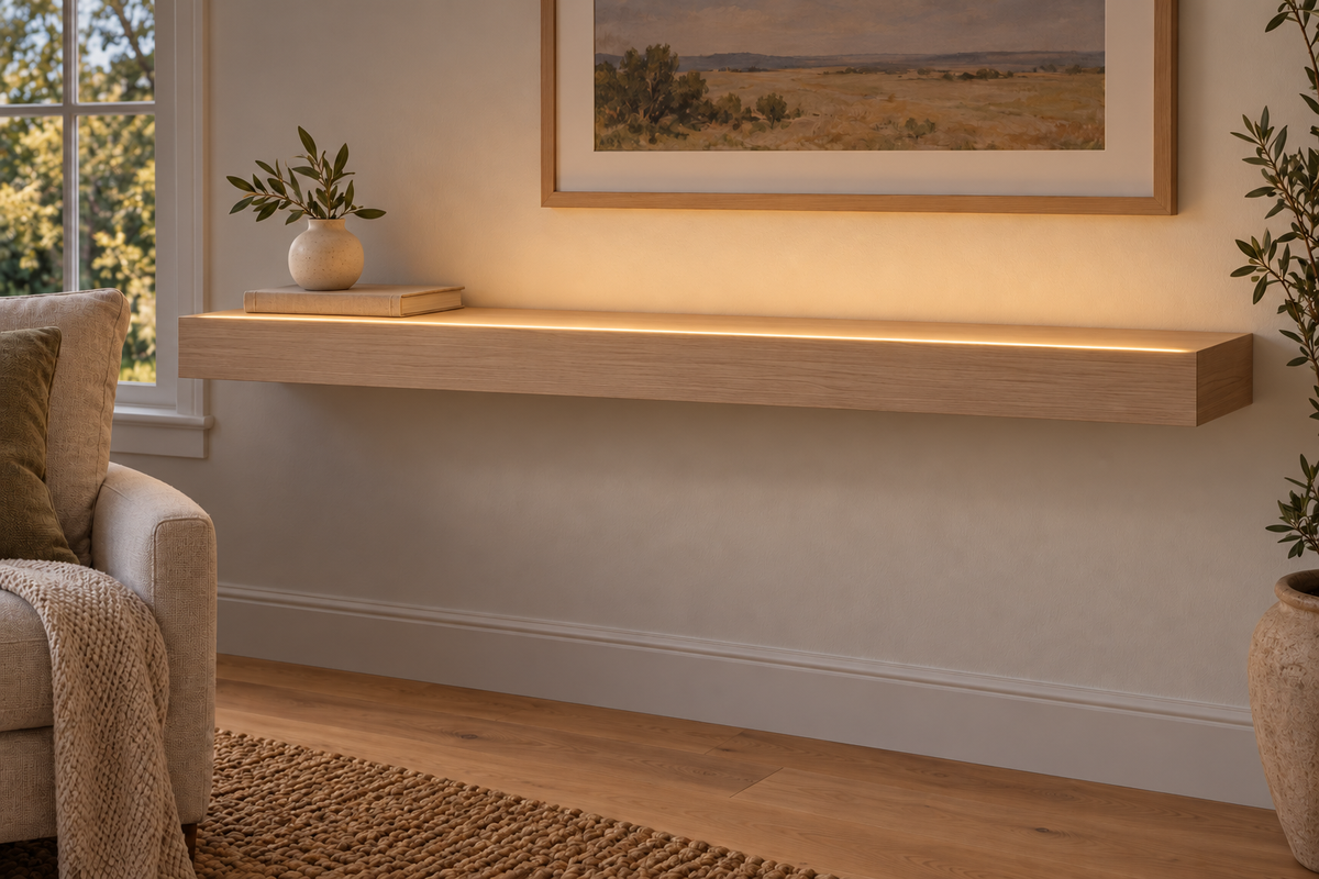 Gentry Stinson Rift White Oak Floating Shelf | 48″ × 10″ × 3″ | Standard Mount | Unfinished | LED Light Ready — Top Front LED location, rendering with separately supplied LED tape installed