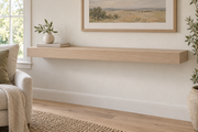 Gentry Stinson Rift White Oak Floating Shelf | 48″ × 10″ × 3″ | Standard Mount | Unfinished — unlit living-room rendering