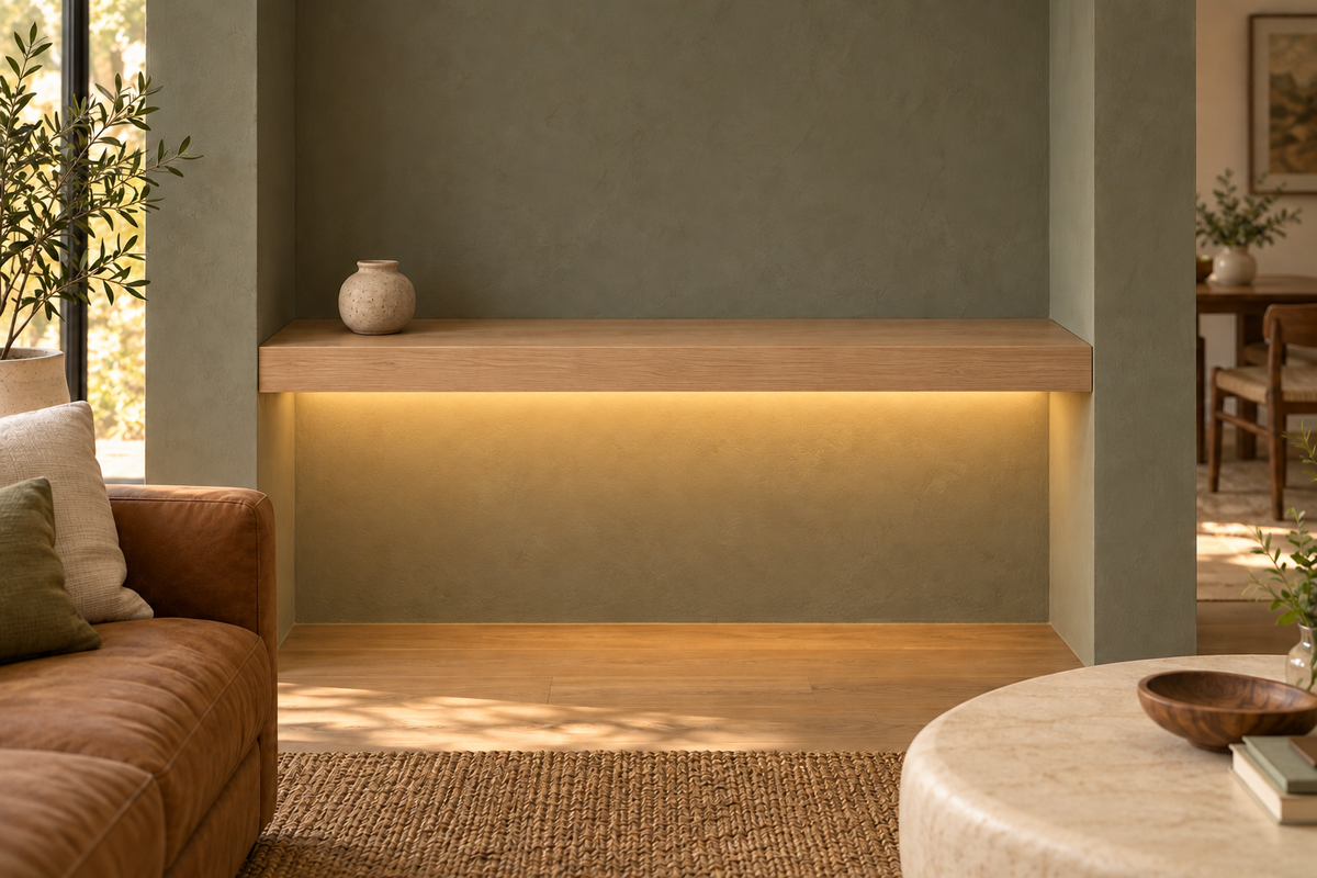 Gentry Stinson Rift White Oak Floating Shelf | 48″ long × 3″ thick | Wall to Wall | Unfinished | LED Light Ready — Bottom Front LED location, rendering with separately supplied LED tape installed
