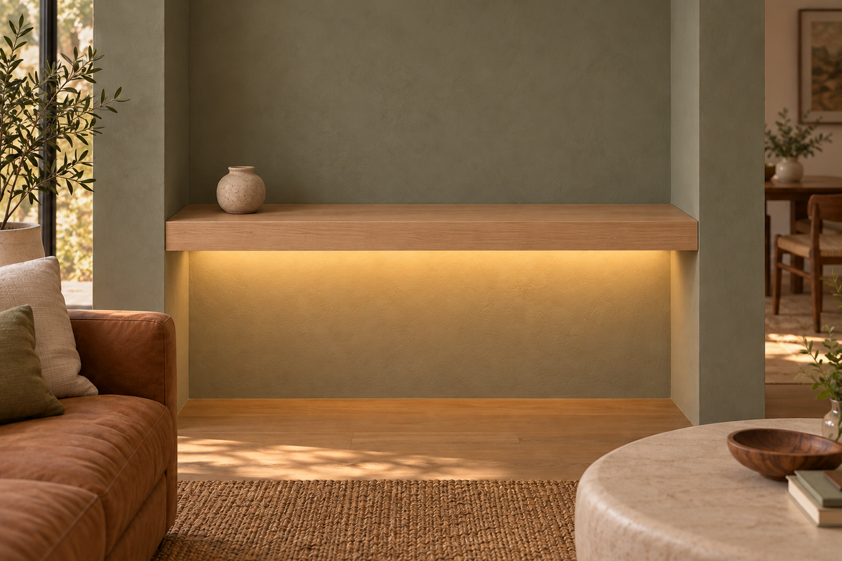 Gentry Stinson Rift White Oak Floating Shelf | 48″ long × 3″ thick | Wall to Wall | Unfinished | LED Light Ready — Bottom Rear LED location, rendering with separately supplied LED tape installed
