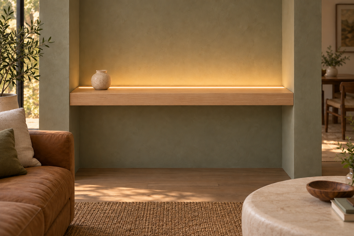 Gentry Stinson Rift White Oak Floating Shelf | 48″ long × 3″ thick | Wall to Wall | Unfinished | LED Light Ready — Top Front LED location, rendering with separately supplied LED tape installed