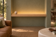 Gentry Stinson Rift White Oak Floating Shelf | 48″ long × 3″ thick | Wall to Wall | Unfinished | LED Light Ready — Top Front LED location, rendering with separately supplied LED tape installed