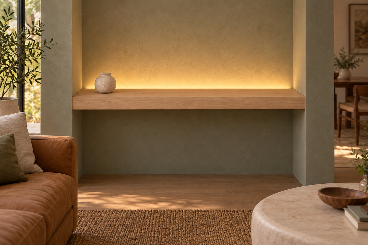 Gentry Stinson Rift White Oak Floating Shelf | 48″ long × 3″ thick | Wall to Wall | Unfinished | LED Light Ready — Top Rear LED location, rendering with separately supplied LED tape installed