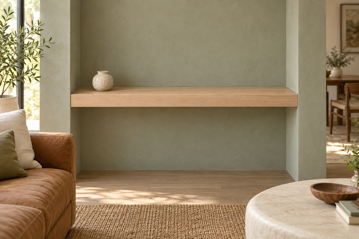 Gentry Stinson Rift White Oak Floating Shelf | 48″ × 10″ × 3″ | Wall to Wall | Unfinished — unlit living-room rendering