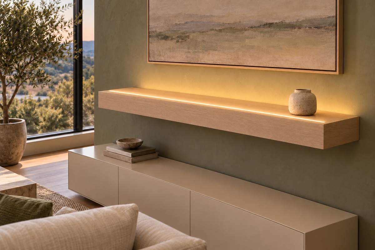 Gentry Stinson Rift White Oak Floating Shelf | 48″ × 10″ × 4″ | Standard Mount | Unfinished | LED Light Ready — Top Front LED location, rendering with separately supplied LED tape installed
