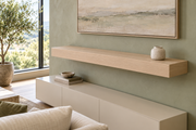 Gentry Stinson Rift White Oak Floating Shelf | 48″ × 10″ × 4″ | Standard Mount | Unfinished — unlit living-room rendering