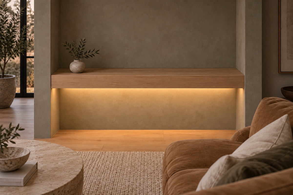 Gentry Stinson Rift White Oak Floating Shelf | 48″ long × 4″ thick | Wall to Wall | Unfinished | LED Light Ready — Bottom Front LED location, rendering with separately supplied LED tape installed