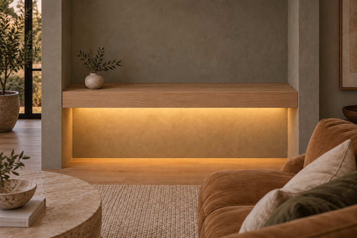 Gentry Stinson Rift White Oak Floating Shelf | 48″ long × 4″ thick | Wall to Wall | Unfinished | LED Light Ready — Bottom Rear LED location, rendering with separately supplied LED tape installed