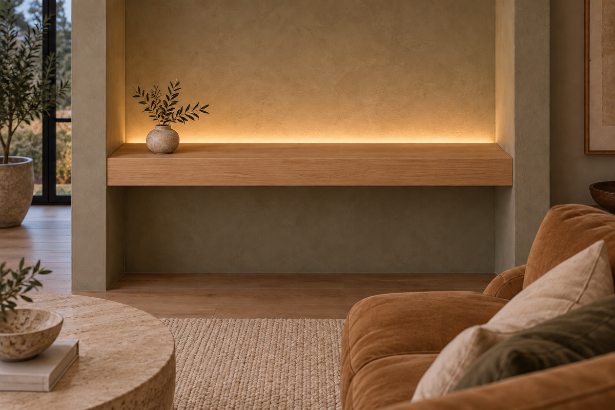Gentry Stinson Rift White Oak Floating Shelf | 48″ long × 4″ thick | Wall to Wall | Unfinished | LED Light Ready — Top Rear LED location, rendering with separately supplied LED tape installed