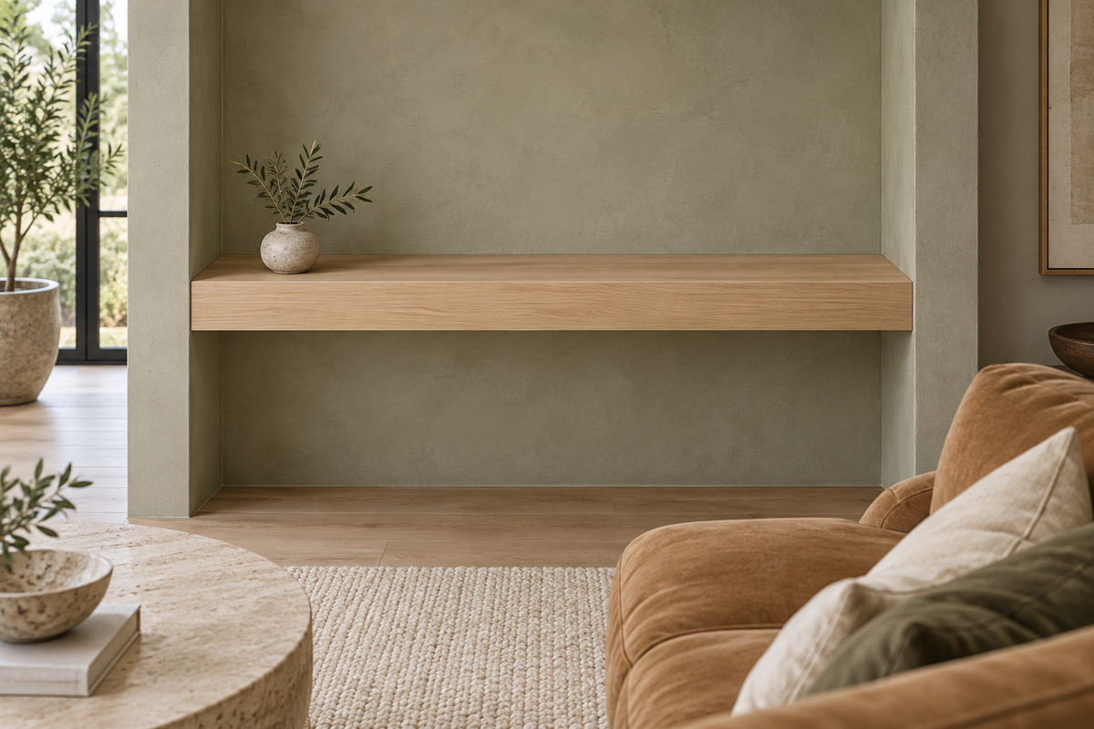 Gentry Stinson Rift White Oak Floating Shelf | 48″ × 10″ × 4″ | Wall to Wall | Unfinished — unlit living-room rendering