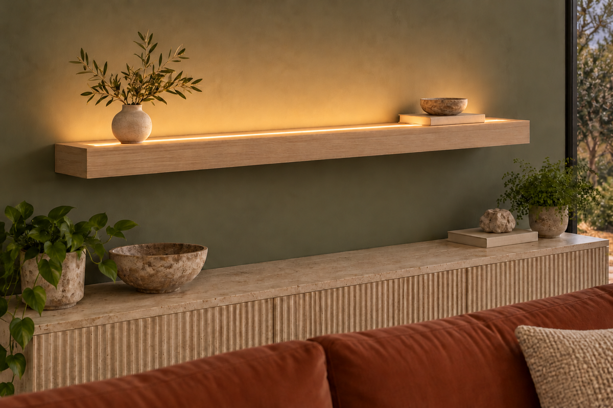 Gentry Stinson Rift White Oak Floating Shelf | 48″ × 8″ × 3″ | Standard Mount | Unfinished | LED Light Ready — Top Front LED location, rendering with separately supplied LED tape installed