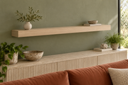 Gentry Stinson Rift White Oak Floating Shelf | 48″ × 8″ × 3″ | Standard Mount | Unfinished — unlit living-room rendering