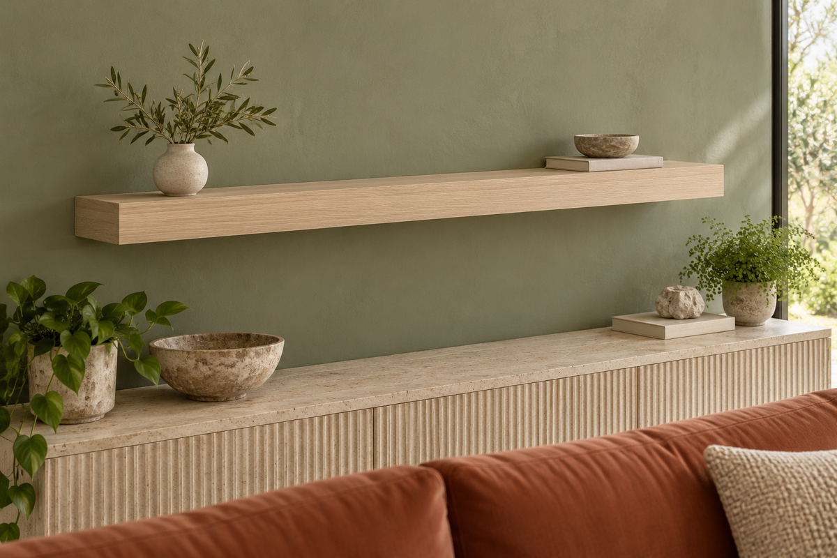 Gentry Stinson Rift White Oak Floating Shelf | 48″ × 8″ × 3″ | Standard Mount | Unfinished — unlit living-room rendering