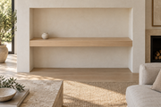 Gentry Stinson Rift White Oak Floating Shelf | 48″ × 8″ × 3″ | Wall to Wall | Unfinished — unlit living-room rendering