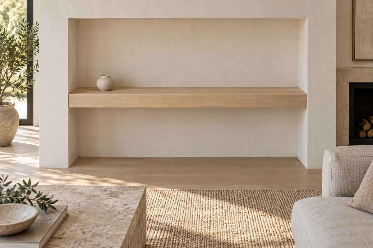 Gentry Stinson Rift White Oak Floating Shelf | 48″ × 8″ × 3″ | Wall to Wall | Unfinished — unlit living-room rendering