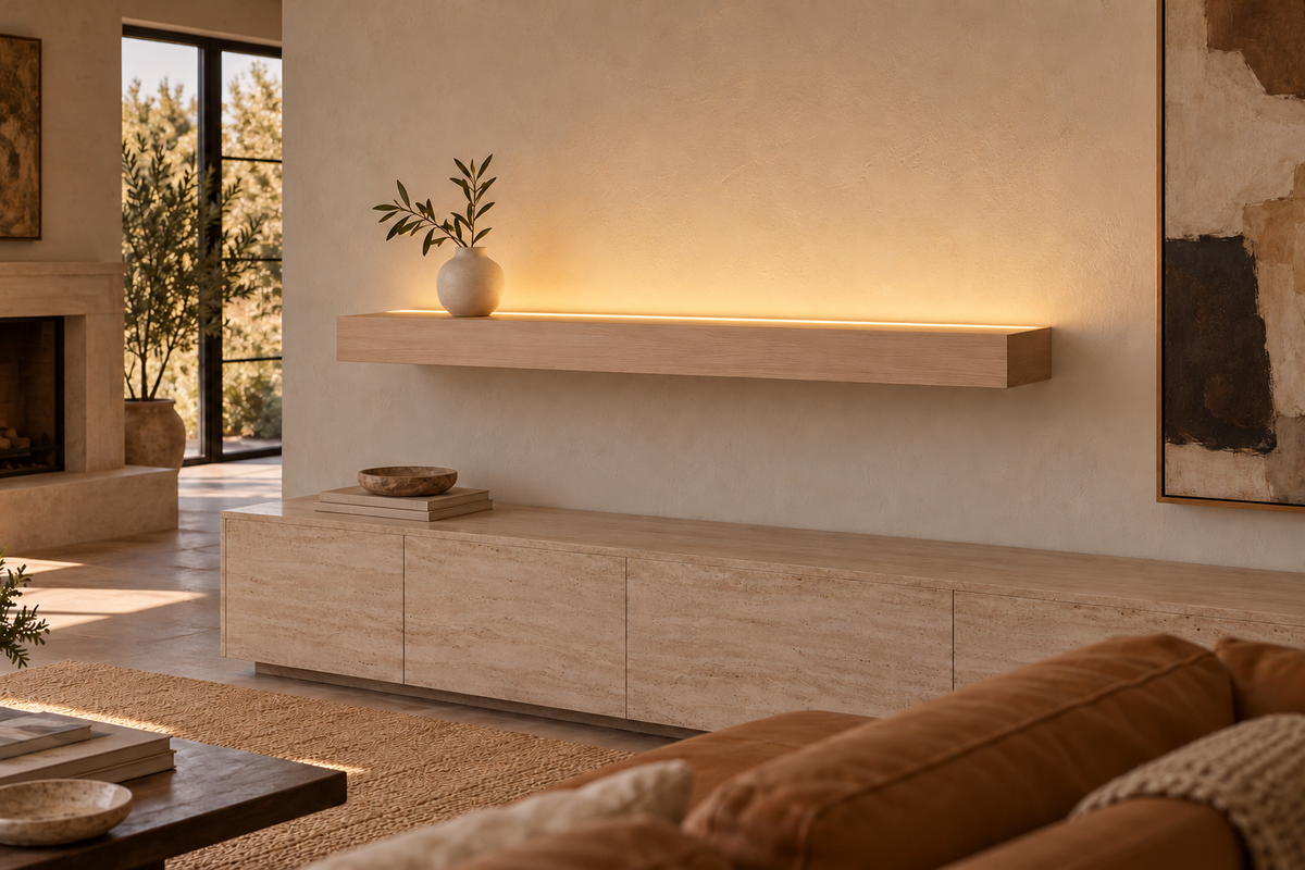 Gentry Stinson Rift White Oak Floating Shelf | 48″ × 8″ × 4″ | Standard Mount | Unfinished | LED Light Ready — Top Front LED location, rendering with separately supplied LED tape installed