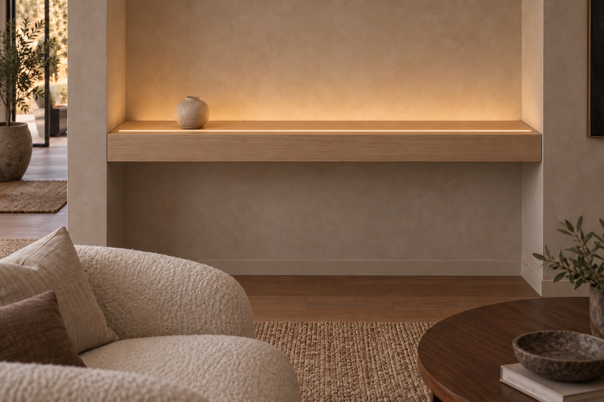 Gentry Stinson Rift White Oak Floating Shelf | 48″ × 8″ × 4″ | Wall to Wall | Unfinished | LED Light Ready — Top Front LED location, rendering with separately supplied LED tape installed
