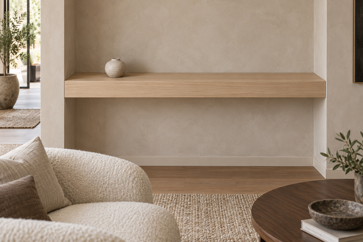 Gentry Stinson Rift White Oak Floating Shelf | 48″ × 8″ × 4″ | Wall to Wall | Unfinished — unlit living-room rendering
