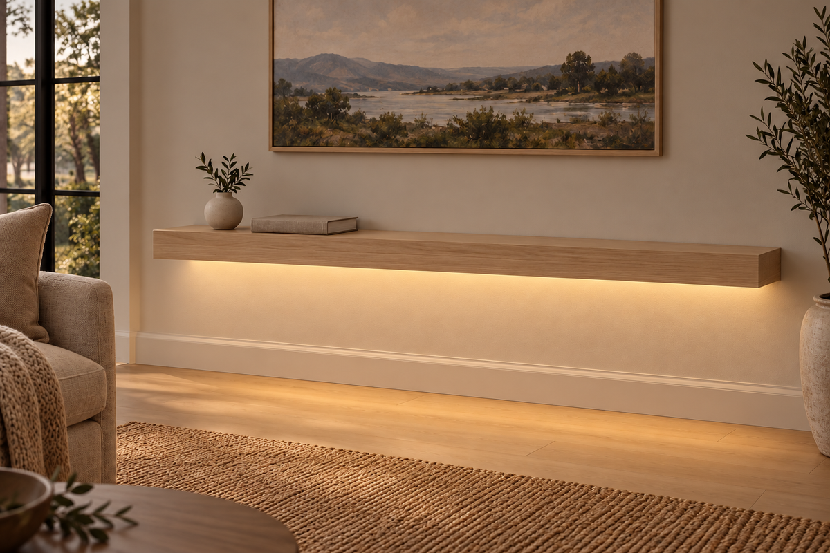 Gentry Stinson Rift White Oak Floating Shelf | 54″ long × 3″ thick | Standard Mount | Unfinished | LED Light Ready — Bottom Front LED location, rendering with separately supplied LED tape installed