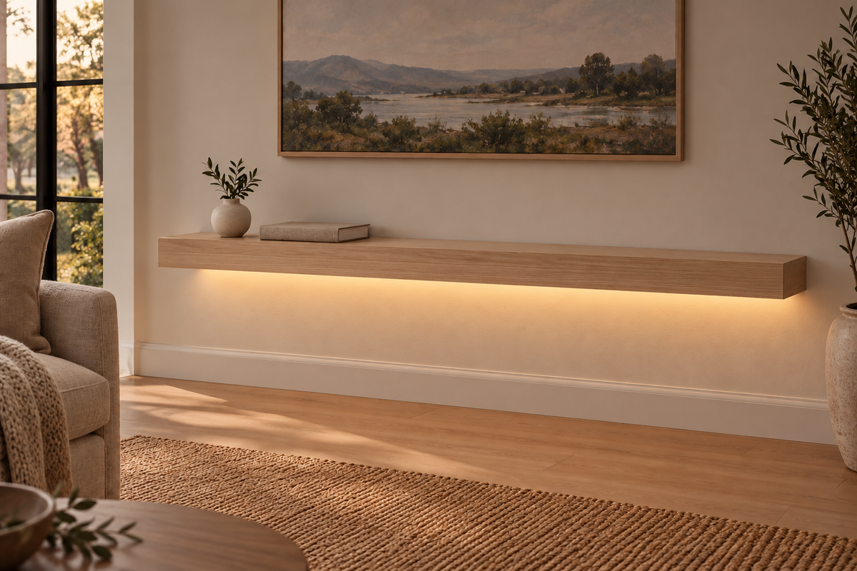 Gentry Stinson Rift White Oak Floating Shelf | 54″ long × 3″ thick | Standard Mount | Unfinished | LED Light Ready — Bottom Rear LED location, rendering with separately supplied LED tape installed