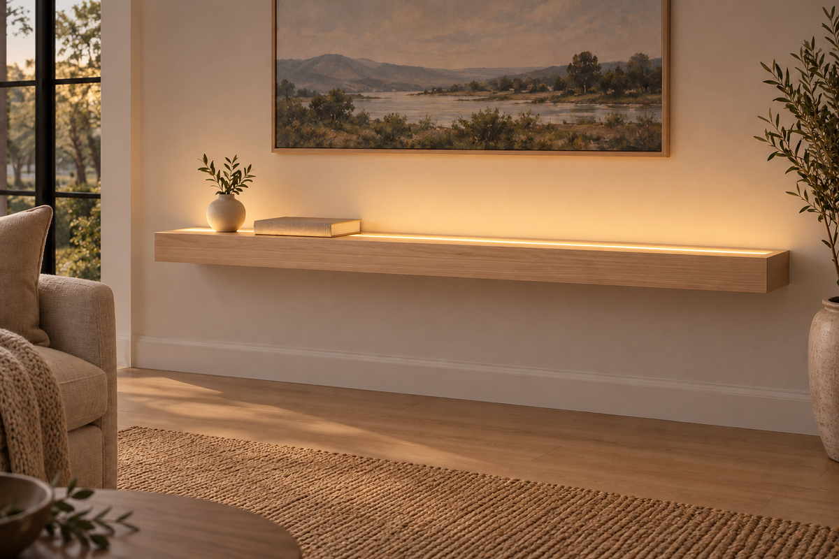 Gentry Stinson Rift White Oak Floating Shelf | 54″ long × 3″ thick | Standard Mount | Unfinished | LED Light Ready — Top Front LED location, rendering with separately supplied LED tape installed