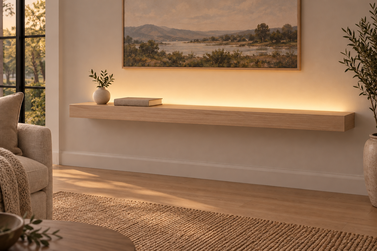 Gentry Stinson Rift White Oak Floating Shelf | 54″ long × 3″ thick | Standard Mount | Unfinished | LED Light Ready — Top Rear LED location, rendering with separately supplied LED tape installed