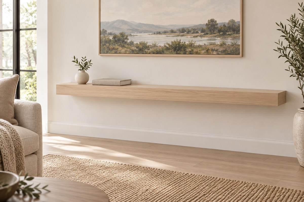 Gentry Stinson Rift White Oak Floating Shelf | 54″ × 10″ × 3″ | Standard Mount | Unfinished — unlit living-room rendering