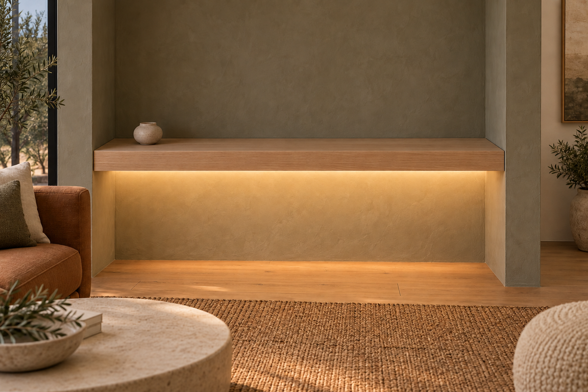 Gentry Stinson Rift White Oak Floating Shelf | 54″ long × 3″ thick | Wall to Wall | Unfinished | LED Light Ready — Bottom Front LED location, rendering with separately supplied LED tape installed