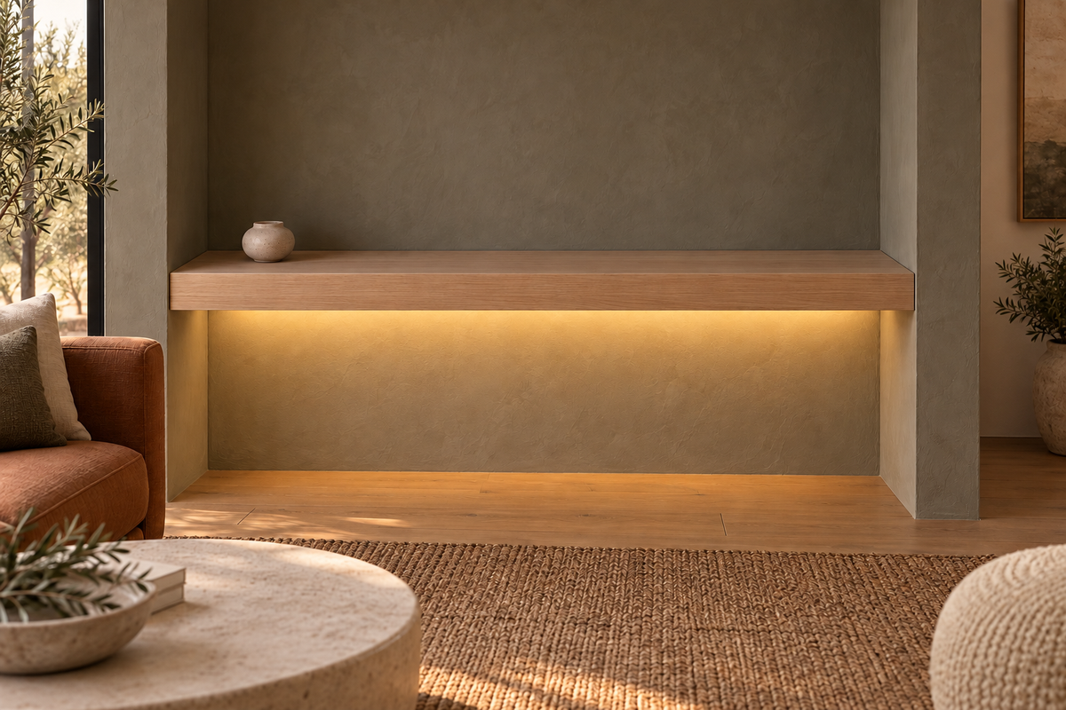 Gentry Stinson Rift White Oak Floating Shelf | 54″ long × 3″ thick | Wall to Wall | Unfinished | LED Light Ready — Bottom Rear LED location, rendering with separately supplied LED tape installed