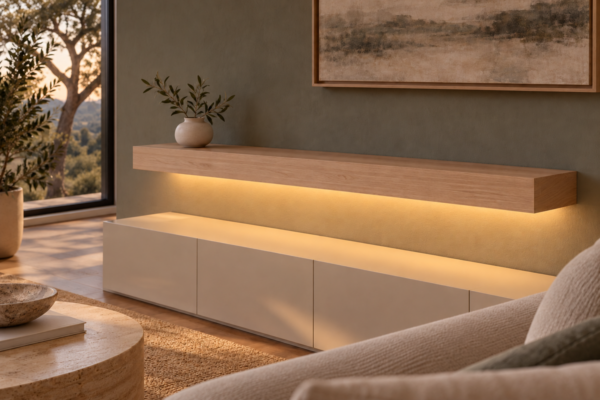 Gentry Stinson Rift White Oak Floating Shelf | 54″ long × 4″ thick | Standard Mount | Unfinished | LED Light Ready — Bottom Front LED location, rendering with separately supplied LED tape installed