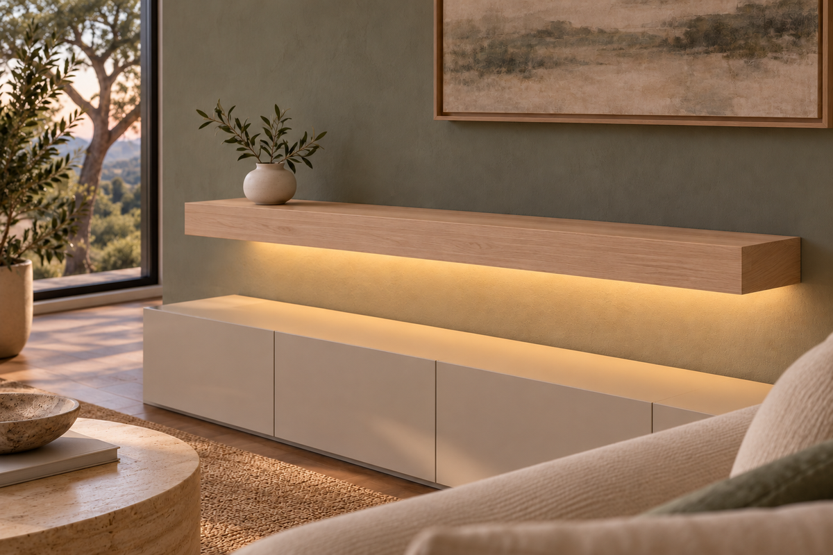 Gentry Stinson Rift White Oak Floating Shelf | 54″ long × 4″ thick | Standard Mount | Unfinished | LED Light Ready — Bottom Rear LED location, rendering with separately supplied LED tape installed