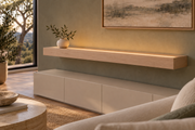 Gentry Stinson Rift White Oak Floating Shelf | 54″ long × 4″ thick | Standard Mount | Unfinished | LED Light Ready — Top Front LED location, rendering with separately supplied LED tape installed