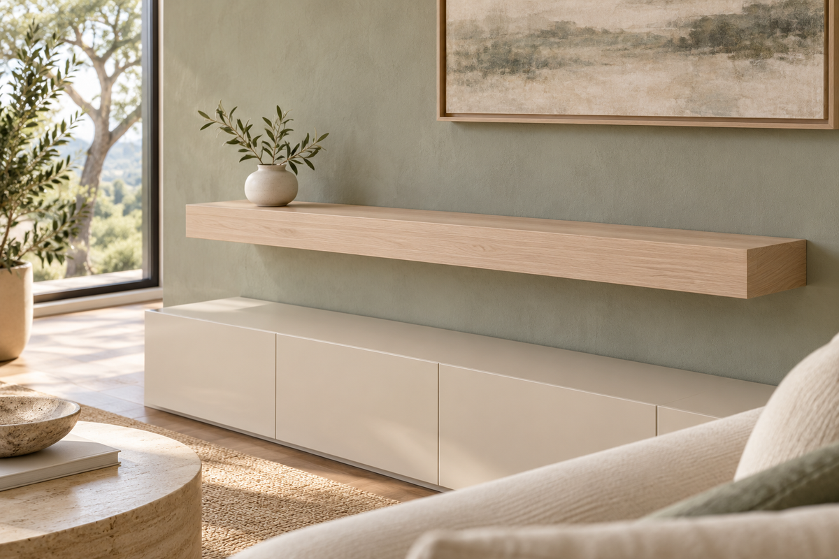 Gentry Stinson Rift White Oak Floating Shelf | 54″ × 10″ × 4″ | Standard Mount | Unfinished — unlit living-room rendering
