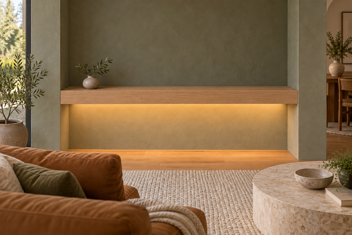 Gentry Stinson Rift White Oak Floating Shelf | 54″ long × 4″ thick | Wall to Wall | Unfinished | LED Light Ready — Bottom Front LED location, rendering with separately supplied LED tape installed