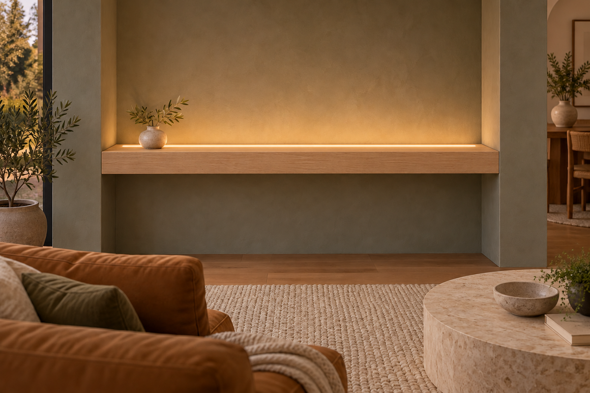 Gentry Stinson Rift White Oak Floating Shelf | 54″ long × 4″ thick | Wall to Wall | Unfinished | LED Light Ready — Top Front LED location, rendering with separately supplied LED tape installed