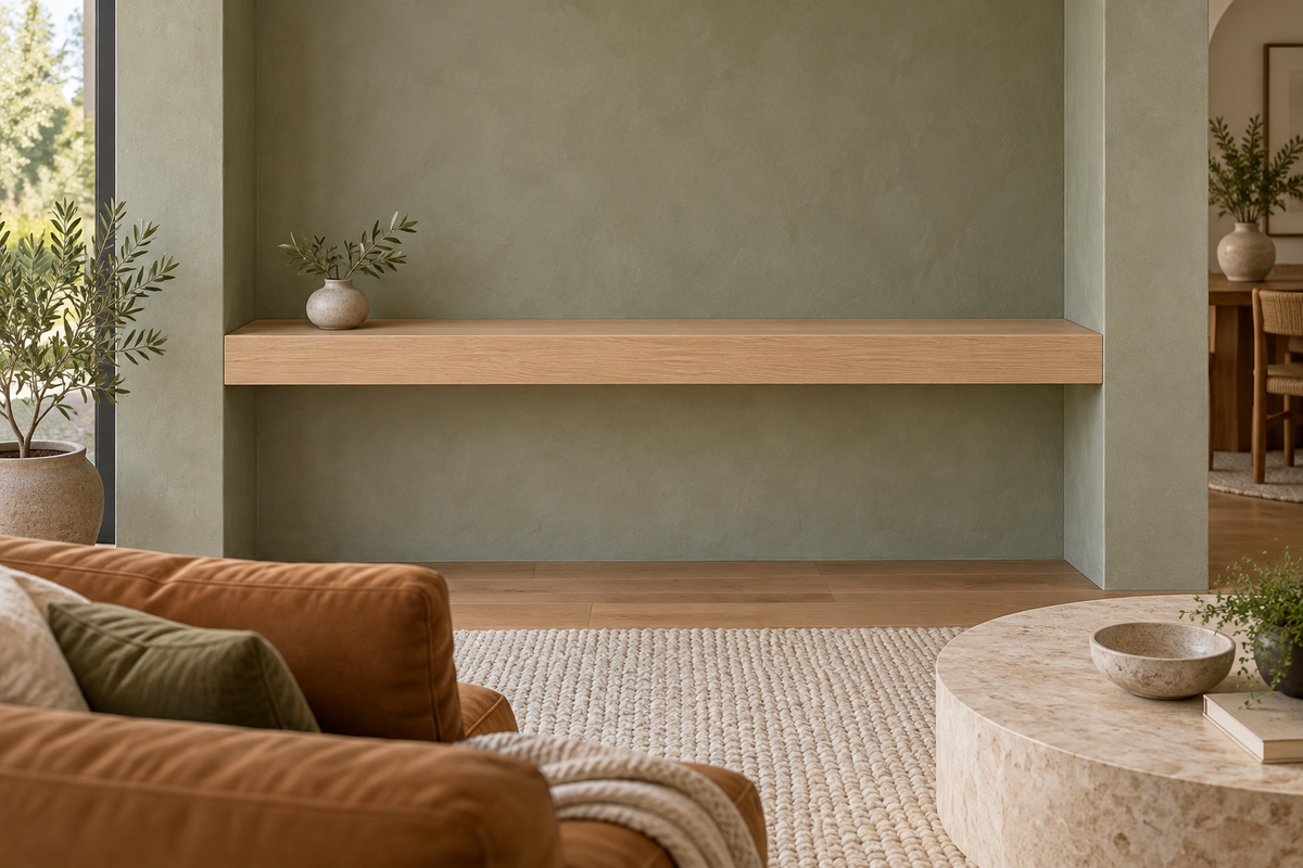 Gentry Stinson Rift White Oak Floating Shelf | 54″ × 10″ × 4″ | Wall to Wall | Unfinished — unlit living-room rendering