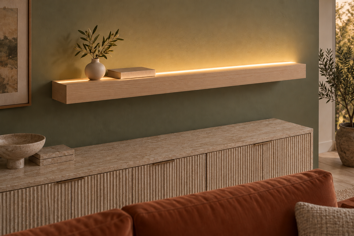 Gentry Stinson Rift White Oak Floating Shelf | 54″ × 8″ × 3″ | Standard Mount | Unfinished | LED Light Ready — Top Front LED location, rendering with separately supplied LED tape installed