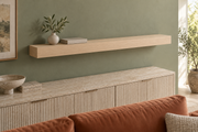 Gentry Stinson Rift White Oak Floating Shelf | 54″ × 8″ × 3″ | Standard Mount | Unfinished — unlit living-room rendering