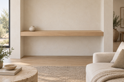 Gentry Stinson Rift White Oak Floating Shelf | 54″ × 8″ × 3″ | Wall to Wall | Unfinished — unlit living-room rendering