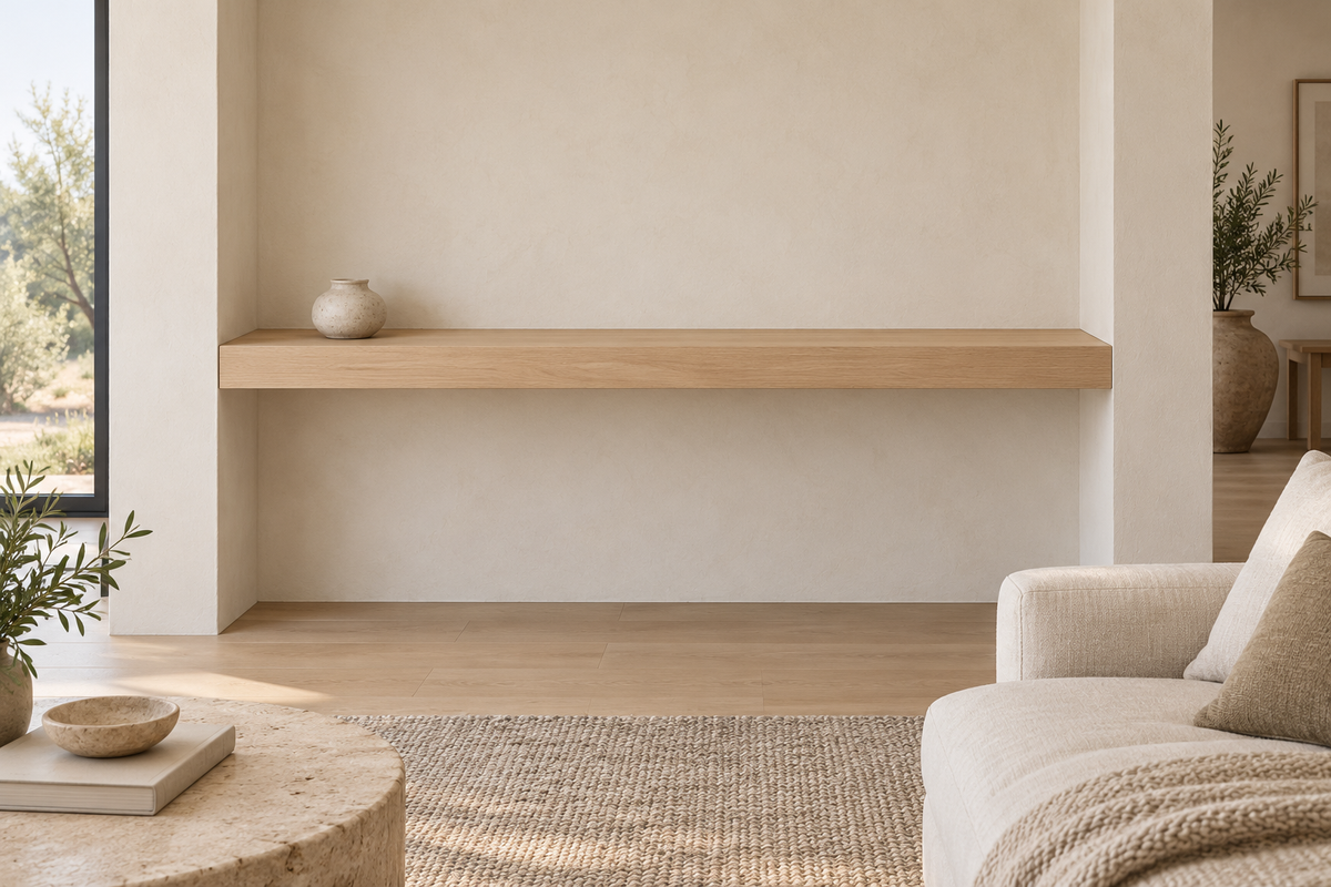 Gentry Stinson Rift White Oak Floating Shelf | 54″ × 8″ × 3″ | Wall to Wall | Unfinished — unlit living-room rendering