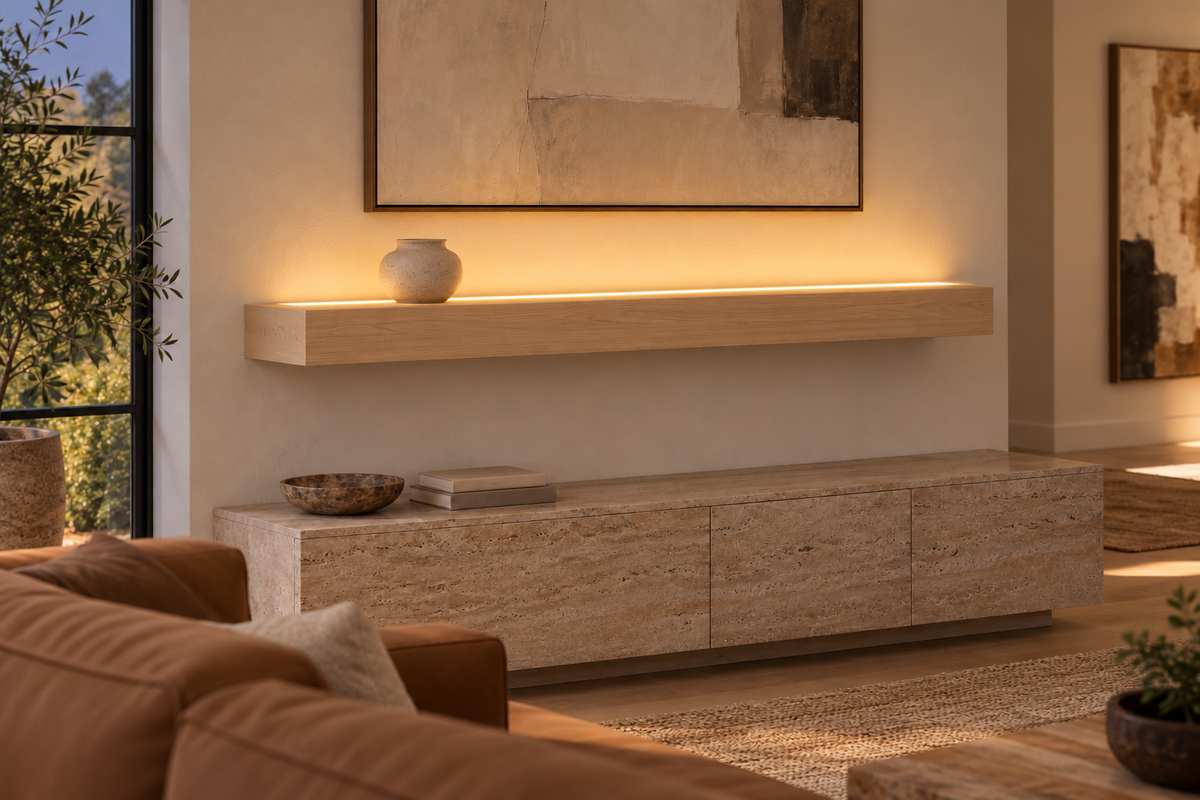 Gentry Stinson Rift White Oak Floating Shelf | 54″ × 8″ × 4″ | Standard Mount | Unfinished | LED Light Ready — Top Front LED location, rendering with separately supplied LED tape installed