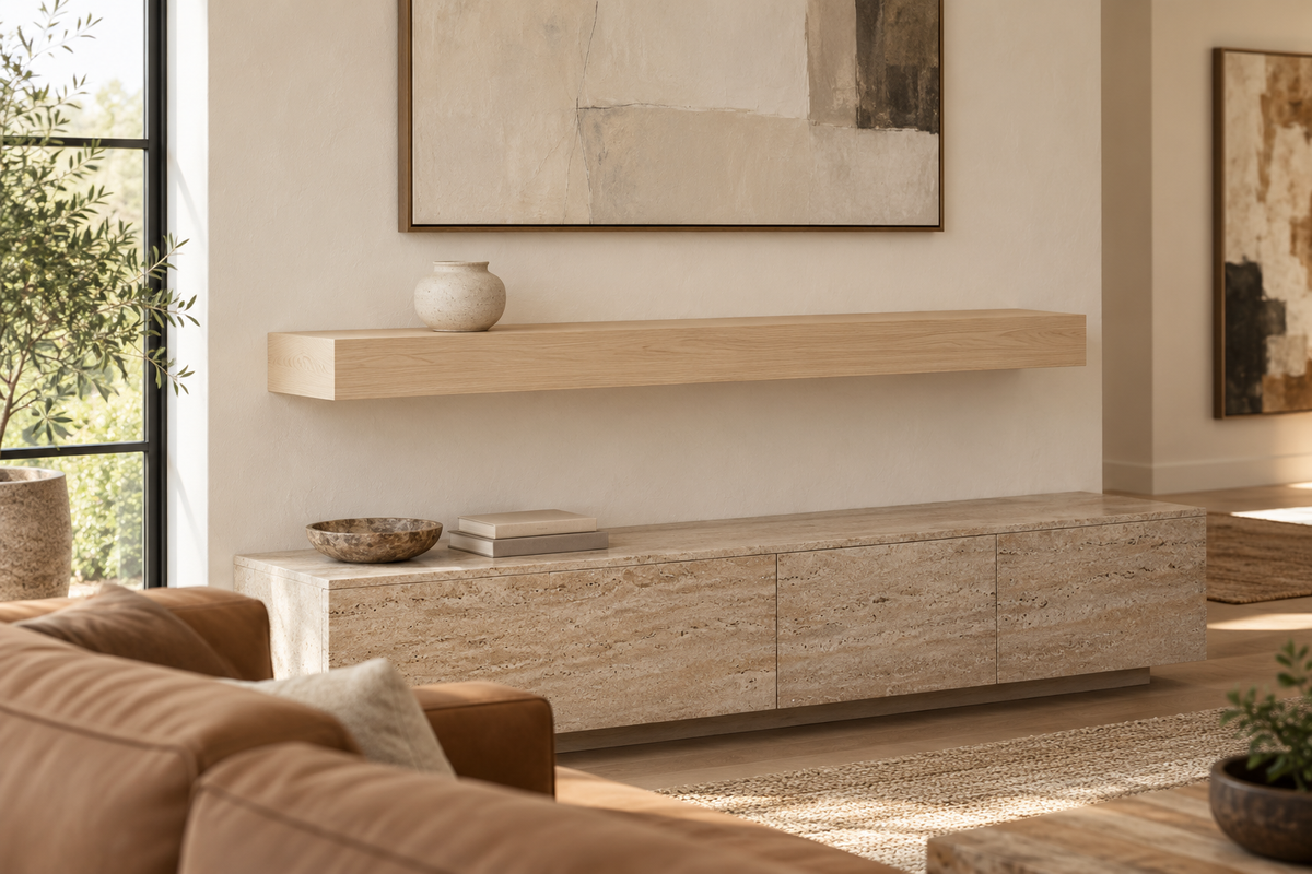 Gentry Stinson Rift White Oak Floating Shelf | 54″ × 8″ × 4″ | Standard Mount | Unfinished — unlit living-room rendering