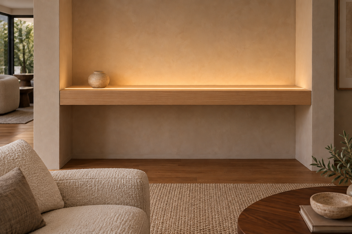 Gentry Stinson Rift White Oak Floating Shelf | 54″ × 8″ × 4″ | Wall to Wall | Unfinished | LED Light Ready — Top Front LED location, rendering with separately supplied LED tape installed