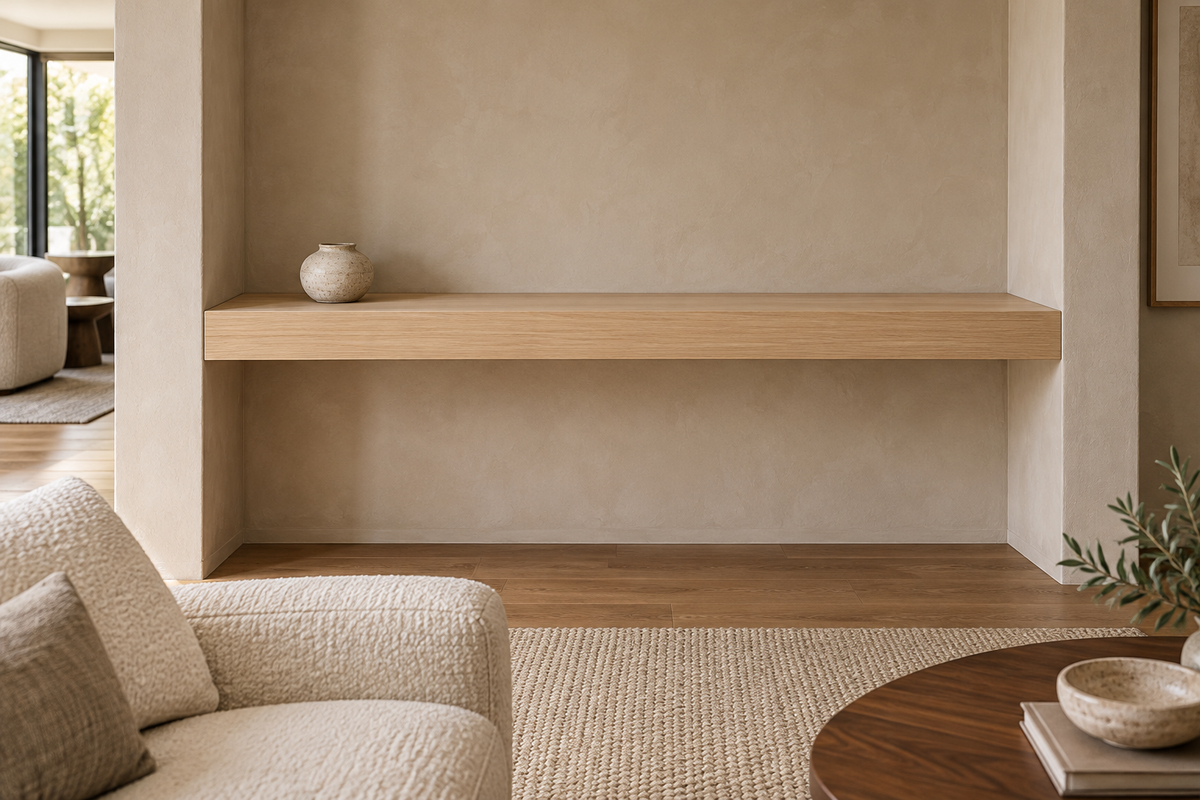 Gentry Stinson Rift White Oak Floating Shelf | 54″ × 8″ × 4″ | Wall to Wall | Unfinished — unlit living-room rendering