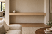 Gentry Stinson Rift White Oak Floating Shelf | 54″ × 8″ × 4″ | Wall to Wall | Unfinished — unlit living-room rendering