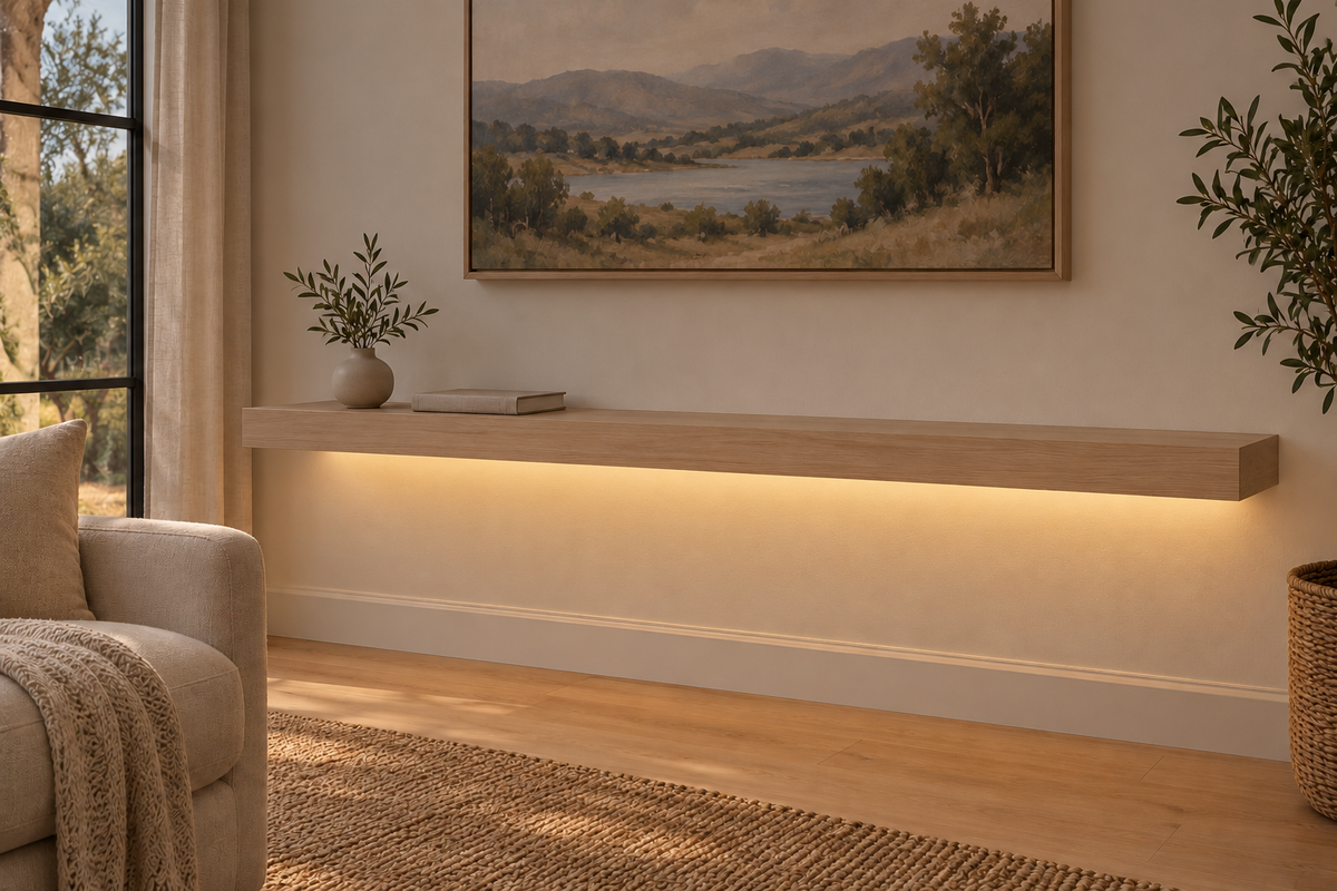 Gentry Stinson Rift White Oak Floating Shelf | 60″ long × 3″ thick | Standard Mount | Unfinished | LED Light Ready — Bottom Rear LED location, rendering with separately supplied LED tape installed